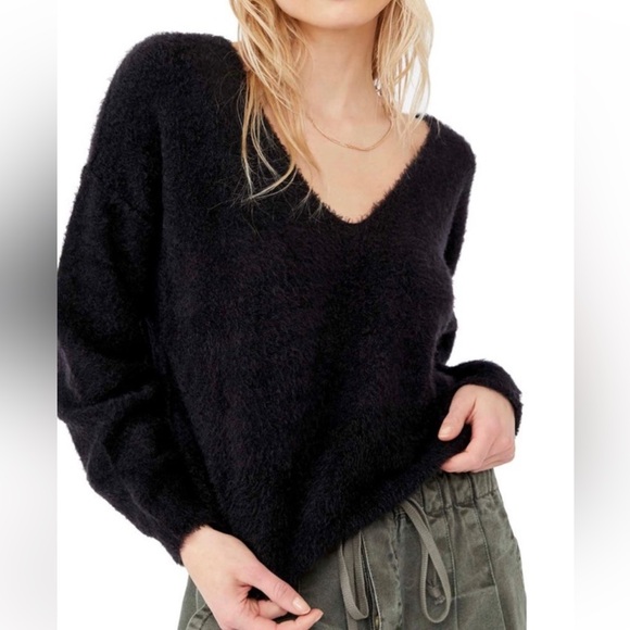 Free People Sweaters - Free People Black Fuzzy V-Neck Sweater